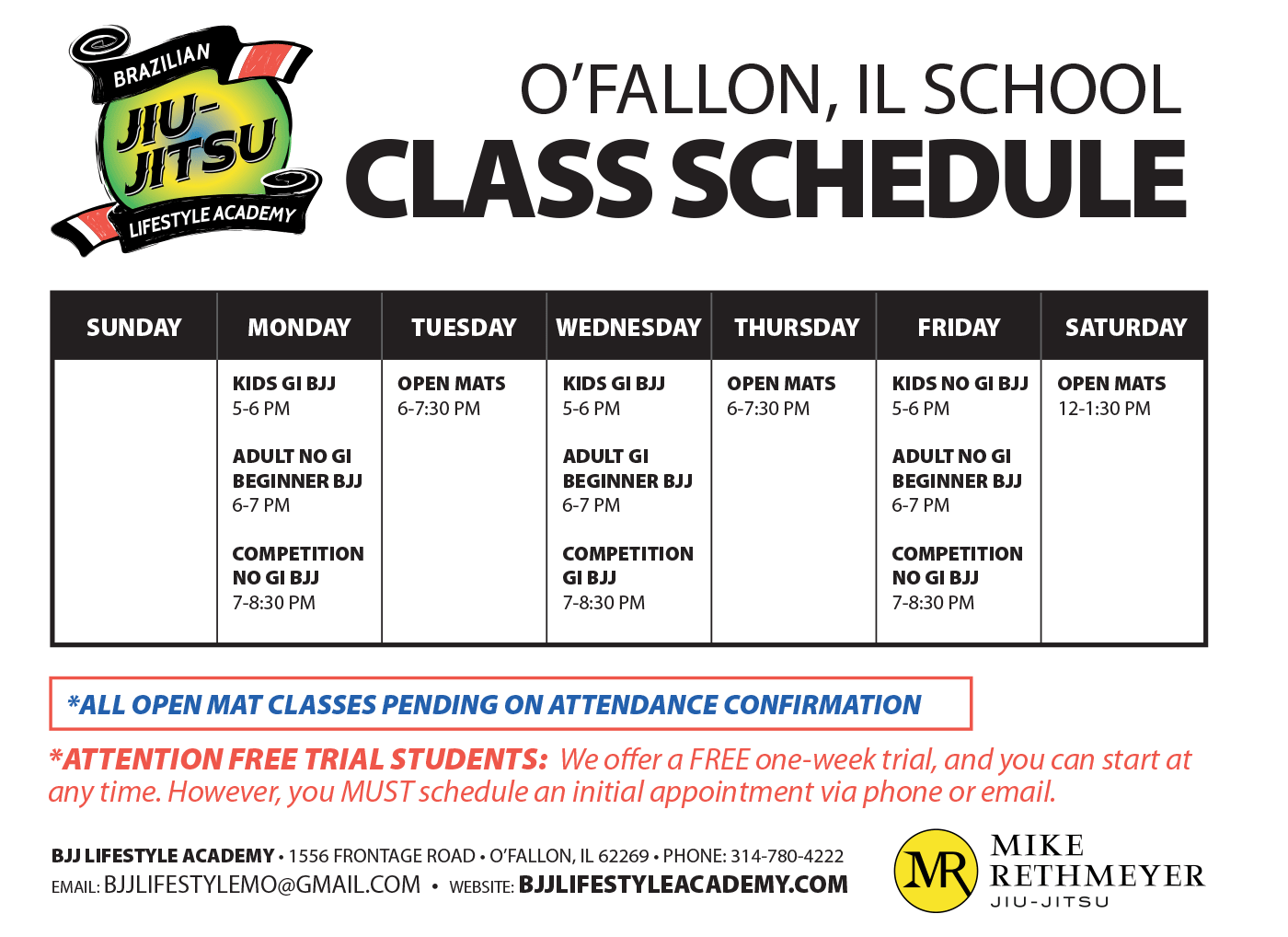 O'Fallon, IL BJJ school class schedule