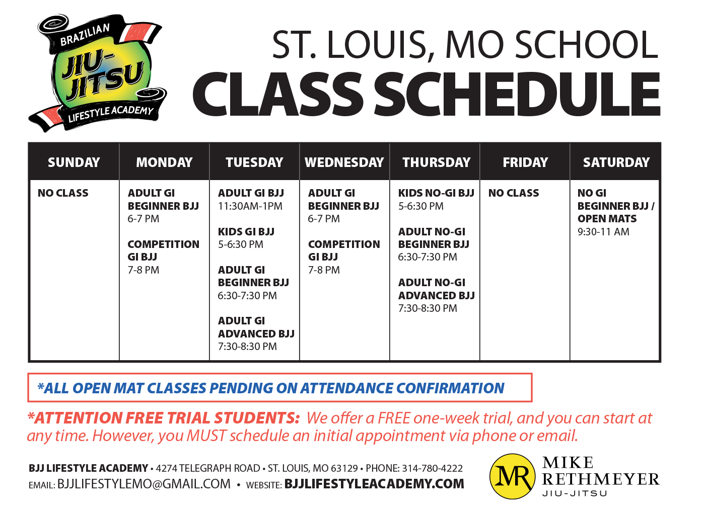 St. Louis, MO BJJ school class schedule